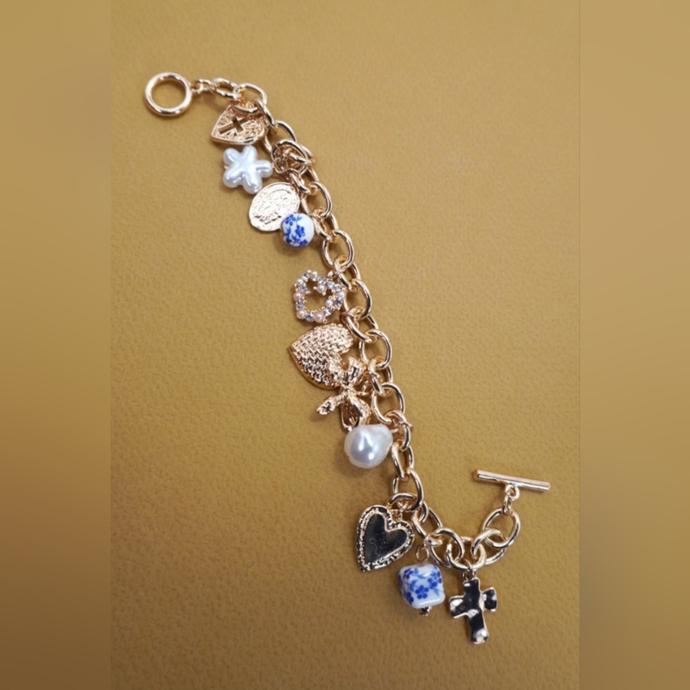 Ceramic Porcelain Heart Bow Pearl Charm Bracelet